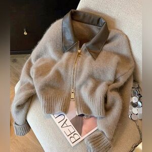 Gray Cropped Sweater with Brown Leather Collar